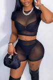 Red Sexy Solid Patchwork See-through O Neck Short Sleeve Two Pieces