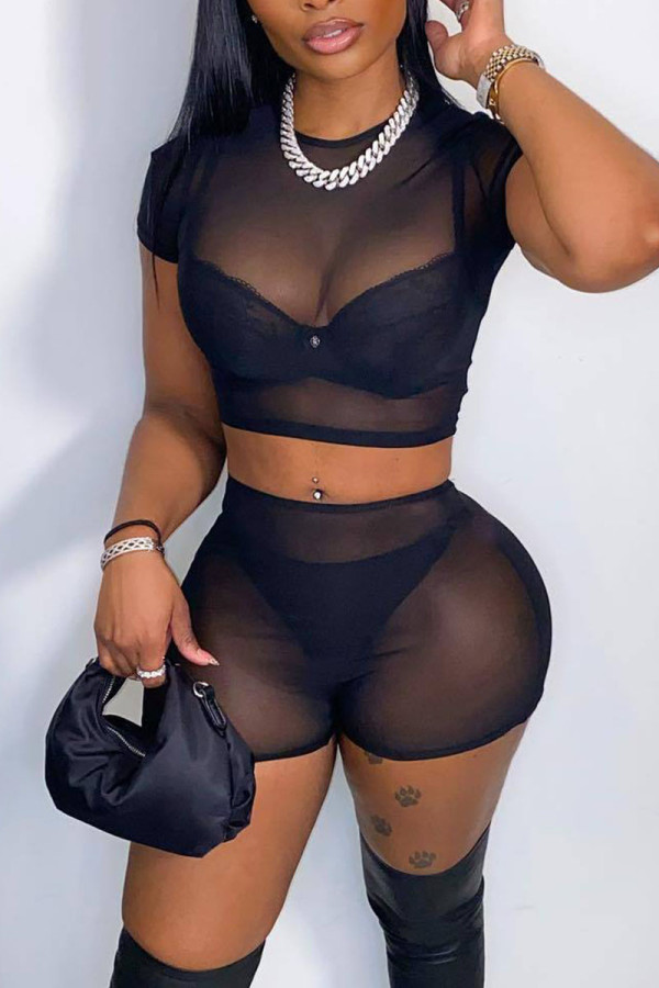Black Sexy Solid Patchwork See-through O Neck Short Sleeve Two Pieces
