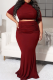Burgundy Fashion Solid Fold Half A Turtleneck Plus Size Two Pieces