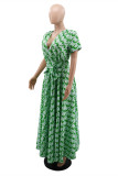 Green Fashion Casual Print Slit V Neck Short Sleeve Dress