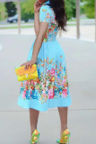 Light Blue Fashion Print Patchwork Turndown Collar Waist Skirt Dresses
