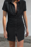 Khaki Casual Solid Split Joint Buckle Fold Turndown Collar One Step Skirt Dresses