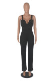 Blue Fashion Solid Patchwork Spaghetti Strap Straight Jumpsuits