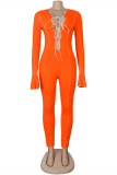 Orange Fashion Casual Solid Hollowed Out Split Joint V Neck Skinny Jumpsuits