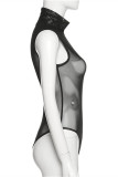 Black Fashion Sexy Patchwork Hot Drilling See-through Half A Turtleneck Skinny Romper