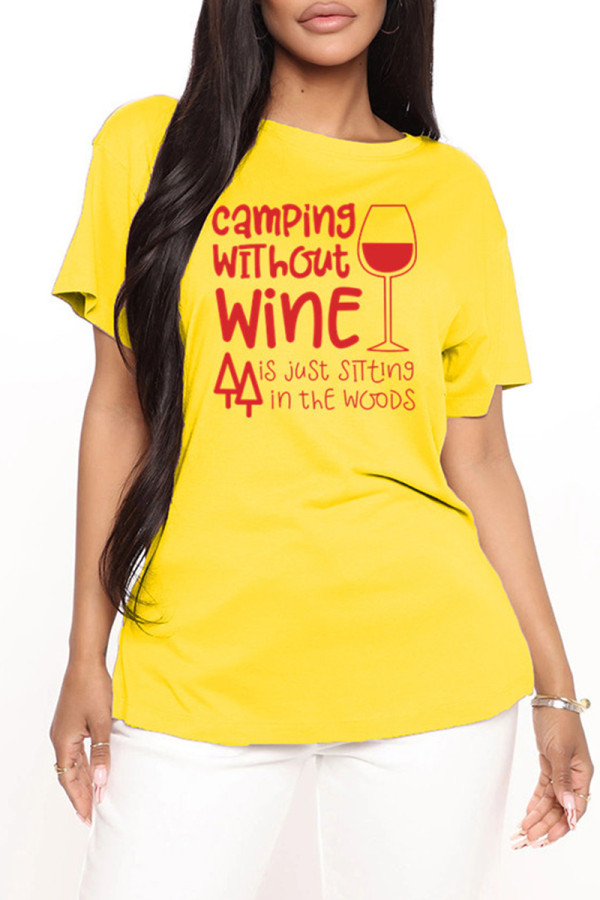 Yellow Fashion Casual Letter Print Basic O Neck T-Shirts