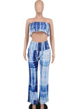 Blue Casual Print Split Joint Strapless Sleeveless Two Pieces