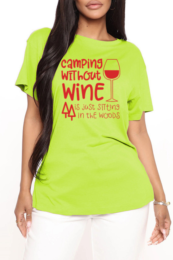 Fruit Green Fashion Casual Letter Print Basic O Neck T-Shirts