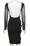 Black Fashion Sexy Solid Hollowed Out Patchwork O Neck Long Sleeve Dresses