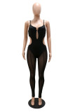 Black Sexy Patchwork Solid Hollowed Out See-through Backless Spaghetti Strap Skinny Jumpsuits