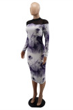 Purple Fashion Sexy Print Patchwork See-through Half A Turtleneck Long Sleeve Dresses
