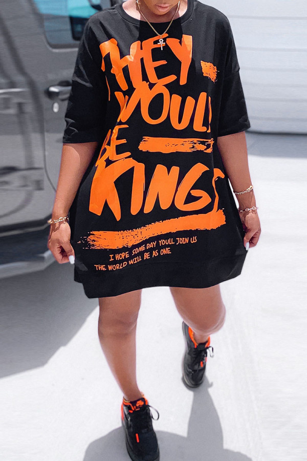 Black Casual Print Patchwork O Neck Straight Dresses