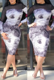 Purple Fashion Sexy Print Patchwork See-through Half A Turtleneck Long Sleeve Dresses