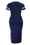Tibetan Blue Fashion Casual Plus Size Print Slit O Neck Short Sleeve Dress