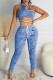 Blue Sexy Print Bandage Hollowed Out Patchwork O Neck Regular Jumpsuits