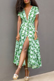 Green Fashion Casual Print Slit V Neck Short Sleeve Dress