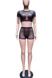 Red Sexy Solid Patchwork See-through O Neck Short Sleeve Two Pieces