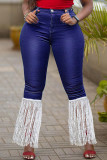 Light Blue Fashion Casual Solid Tassel Patchwork Plus Size Jeans