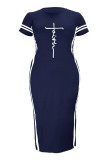 Burgundy Fashion Casual Plus Size Print Slit O Neck Short Sleeve Dress