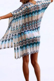 Blue Sexy Print Hollowed Out Split Joint Swimwears Cover Up