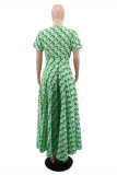 Green Fashion Casual Print Slit V Neck Short Sleeve Dress