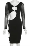 Black Fashion Sexy Solid Hollowed Out Patchwork O Neck Long Sleeve Dresses