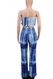 Blue Casual Print Split Joint Strapless Sleeveless Two Pieces