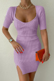 Pink Sexy Solid Split Joint U Neck Pencil Skirt Dresses