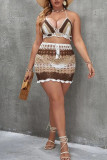 Multicolor Sexy Print Hollowed Out Patchwork Halter Sleeveless Two Pieces