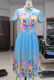 Light Blue Fashion Print Patchwork Turndown Collar Waist Skirt Dresses