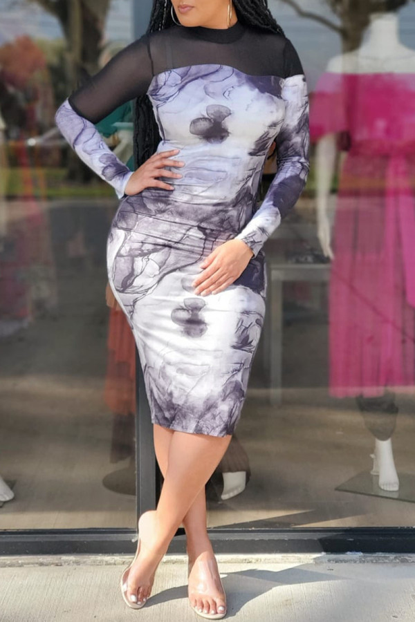 Purple Fashion Sexy Print Patchwork See-through Half A Turtleneck Long Sleeve Dresses