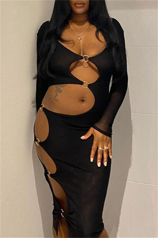 Black Fashion Sexy Solid Hollowed Out Patchwork O Neck Long Sleeve Dresses
