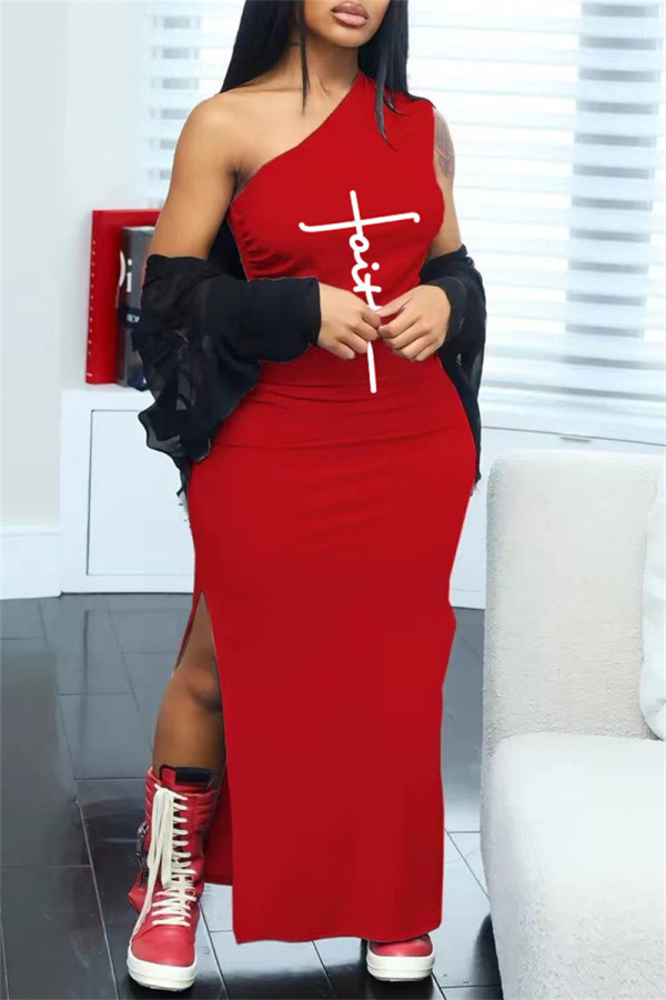 Red Sexy Casual Print Backless Slit One Shoulder Long Dress