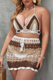 Multicolor Sexy Print Hollowed Out Patchwork Halter Sleeveless Two Pieces