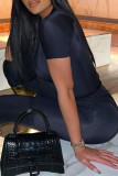 Black Fashion Casual Solid Basic O Neck Short Sleeve Two Pieces