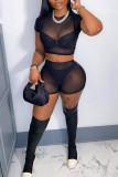 Red Sexy Solid Patchwork See-through O Neck Short Sleeve Two Pieces