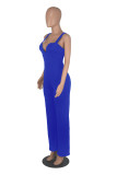 Blue Fashion Solid Patchwork Spaghetti Strap Straight Jumpsuits