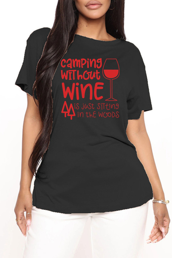 Black Fashion Casual Letter Print Basic O Neck T-Shirts