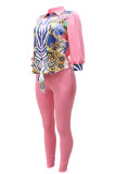 Pink Fashion Casual Print Patchwork Turndown Collar Three Quarter Two Pieces