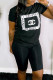 Black Fashion Casual Print Letter O Neck Short Sleeve Two Pieces