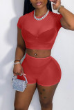 Red Sexy Solid Patchwork See-through O Neck Short Sleeve Two Pieces