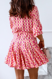 Red Casual Print Patchwork Turndown Collar Waist Skirt Dresses