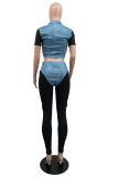 Blue Fashion Solid Patchwork Turndown Collar Short Sleeve Two Pieces