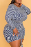 Stripe Casual Striped Print Split Joint O Neck One Step Skirt Plus Size Dresses