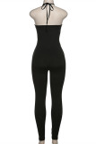 Black Fashion Sexy Solid Bandage See-through Halter Skinny Jumpsuits