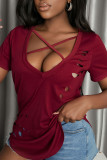 Burgundy Sexy Solid Ripped Hollowed Out Split Joint V Neck T-Shirts