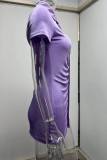 Light Purple Casual Solid Split Joint Buckle Fold Turndown Collar One Step Skirt Dresses