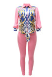 Pink Fashion Casual Print Patchwork Turndown Collar Three Quarter Two Pieces
