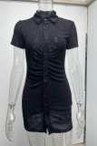 Black Casual Solid Split Joint Buckle Fold Turndown Collar One Step Skirt Dresses