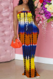 Yellow Sexy Print Patchwork Strapless Straight Jumpsuits
